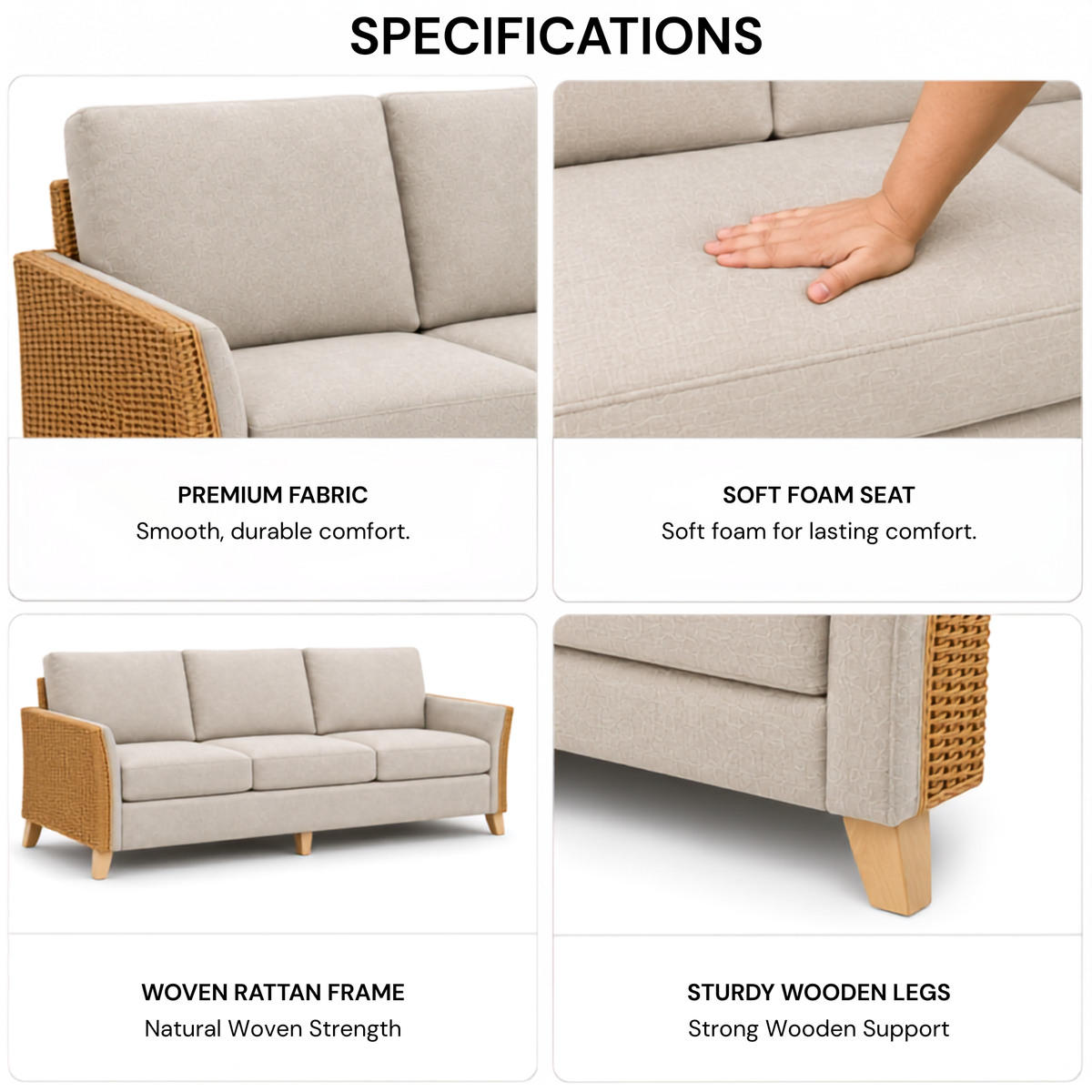 Premium Modern Rattan Sofa with Upholstered Cushions, Woven Side Panels & Solid Wood Legs for Living Room Interiors