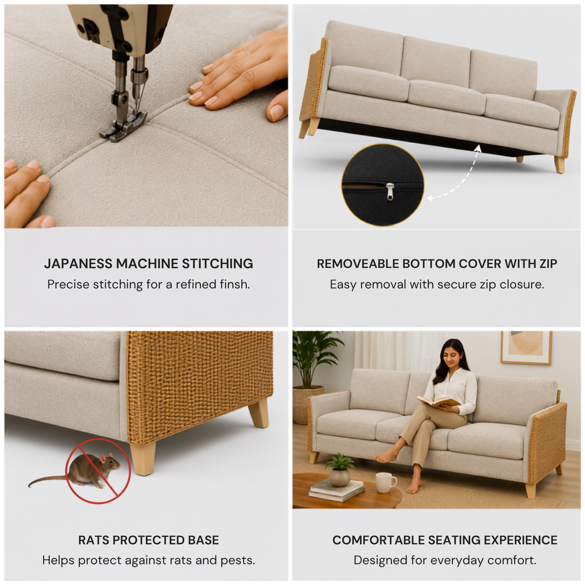 Premium Modern Rattan Sofa with Upholstered Cushions, Woven Side Panels & Solid Wood Legs for Living Room Interiors
