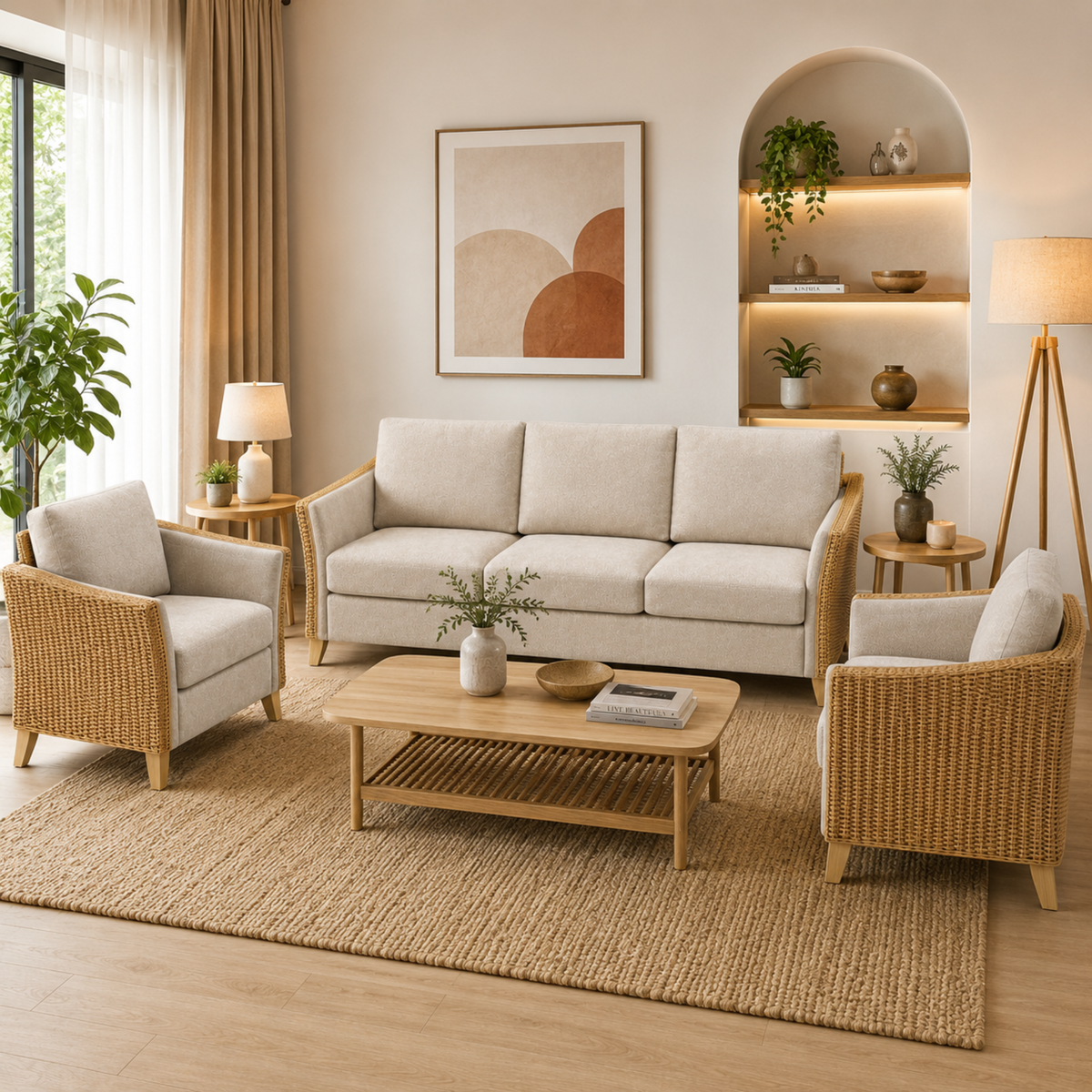 Premium Modern Rattan Sofa with Upholstered Cushions, Woven Side Panels & Solid Wood Legs for Living Room Interiors