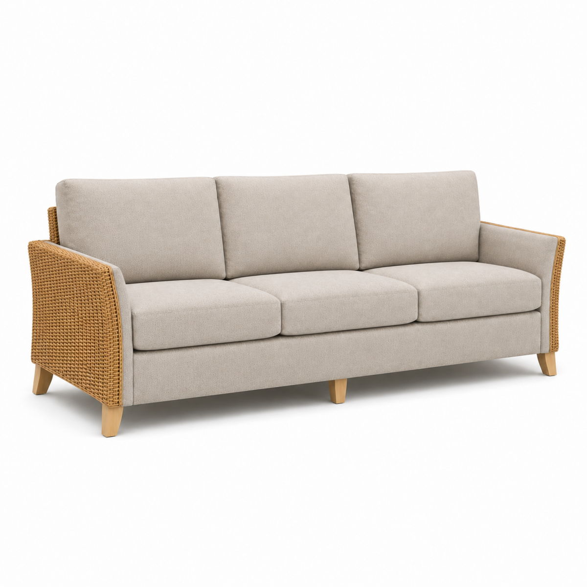 Premium Modern Rattan Sofa with Upholstered Cushions, Woven Side Panels & Solid Wood Legs for Living Room Interiors