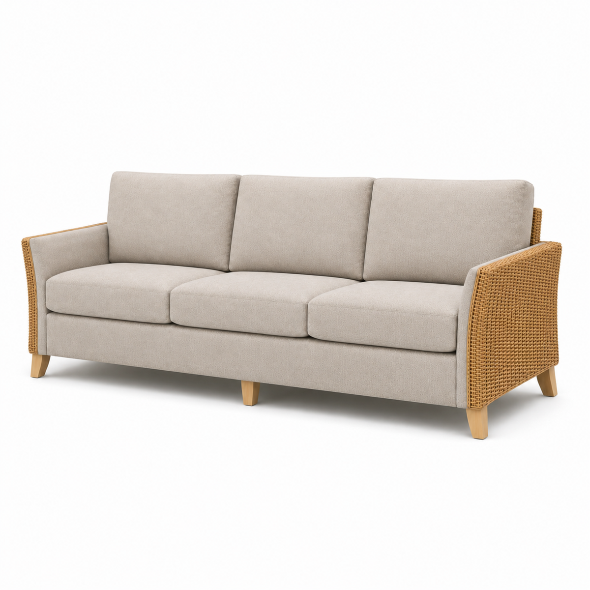 Premium Modern Rattan Sofa with Upholstered Cushions, Woven Side Panels & Solid Wood Legs for Living Room Interiors