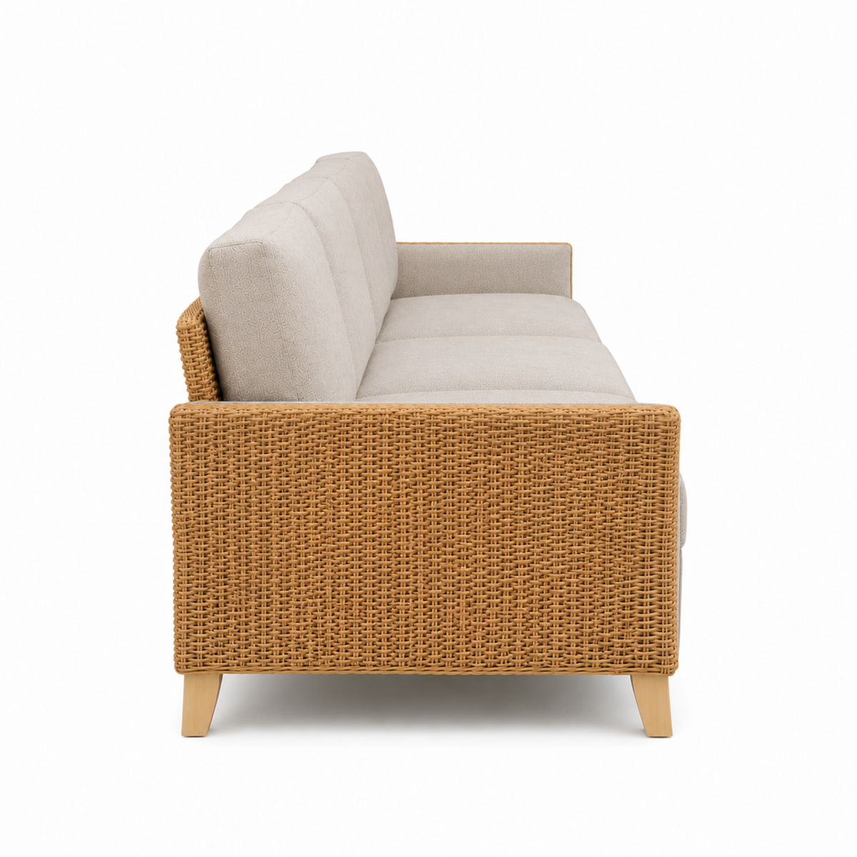 Premium Modern Rattan Sofa with Upholstered Cushions, Woven Side Panels & Solid Wood Legs for Living Room Interiors