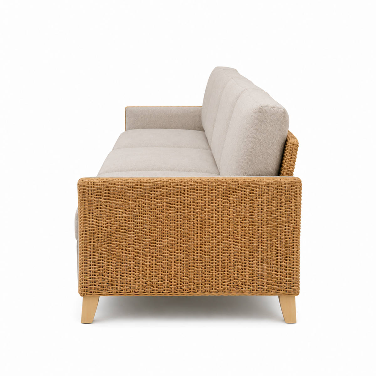 Premium Modern Rattan Sofa with Upholstered Cushions, Woven Side Panels & Solid Wood Legs for Living Room Interiors