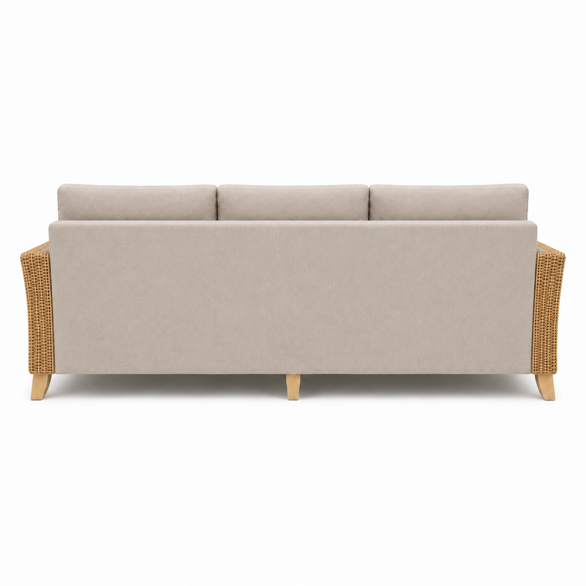 Premium Modern Rattan Sofa with Upholstered Cushions, Woven Side Panels & Solid Wood Legs for Living Room Interiors