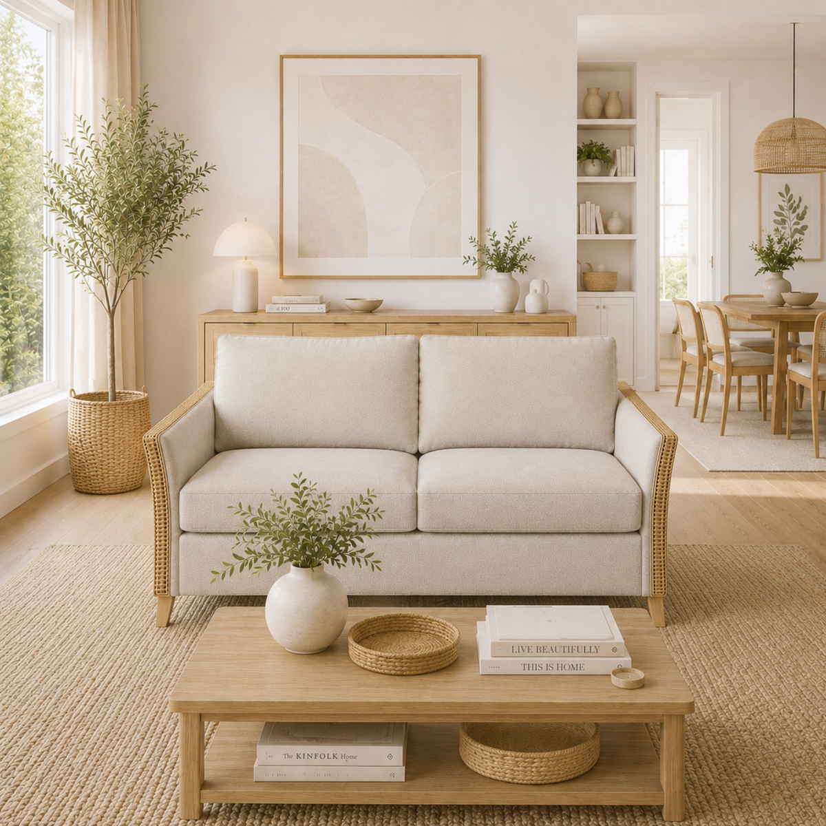Premium Modern Rattan Sofa with Upholstered Cushions, Woven Side Panels & Solid Wood Legs for Living Room Interiors