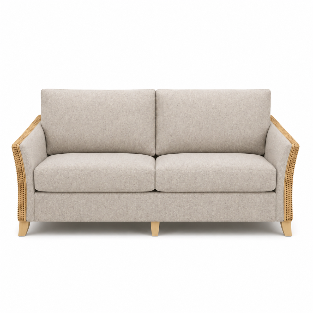 Premium Modern Rattan Sofa with Upholstered Cushions, Woven Side Panels & Solid Wood Legs for Living Room Interiors