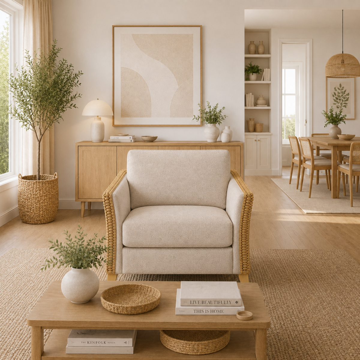 Premium Modern Rattan Sofa with Upholstered Cushions, Woven Side Panels & Solid Wood Legs for Living Room Interiors