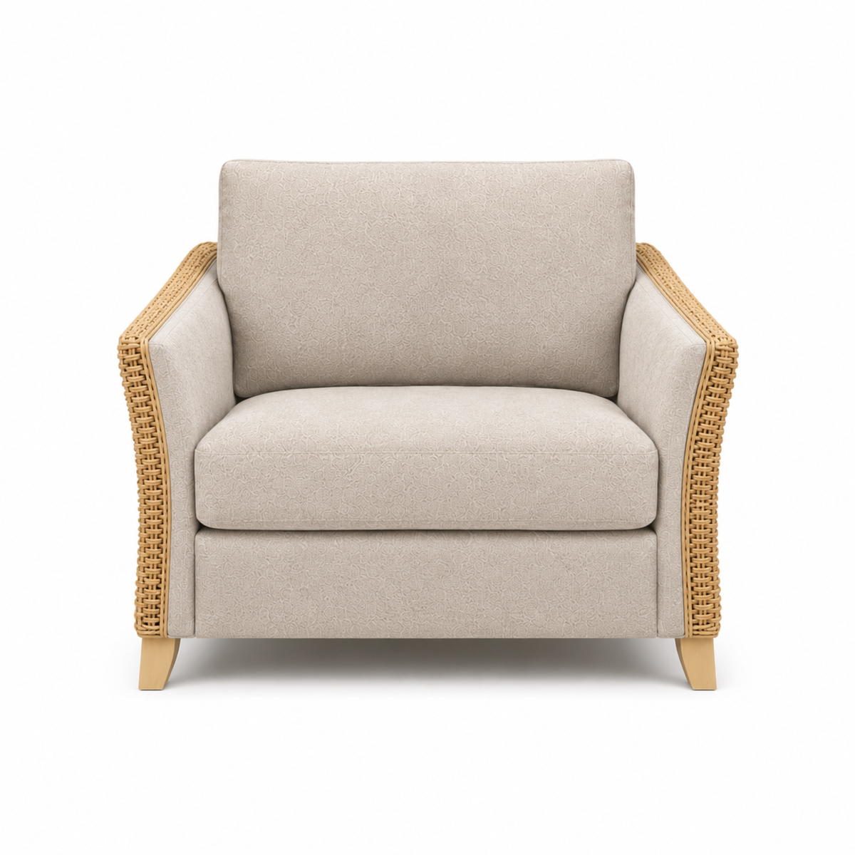 Premium Modern Rattan Sofa with Upholstered Cushions, Woven Side Panels & Solid Wood Legs for Living Room Interiors