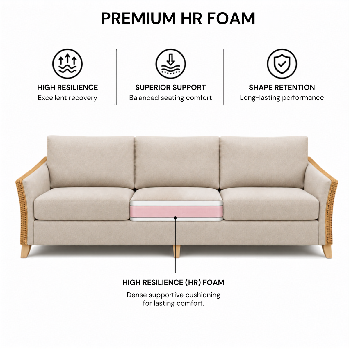 Premium Modern Rattan Sofa with Upholstered Cushions, Woven Side Panels & Solid Wood Legs for Living Room Interiors