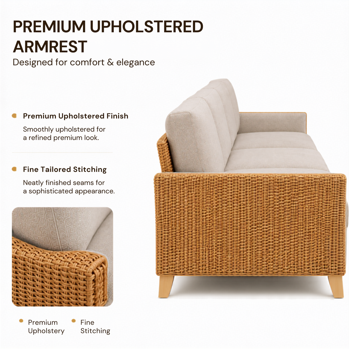 Premium Modern Rattan Sofa with Upholstered Cushions, Woven Side Panels & Solid Wood Legs for Living Room Interiors