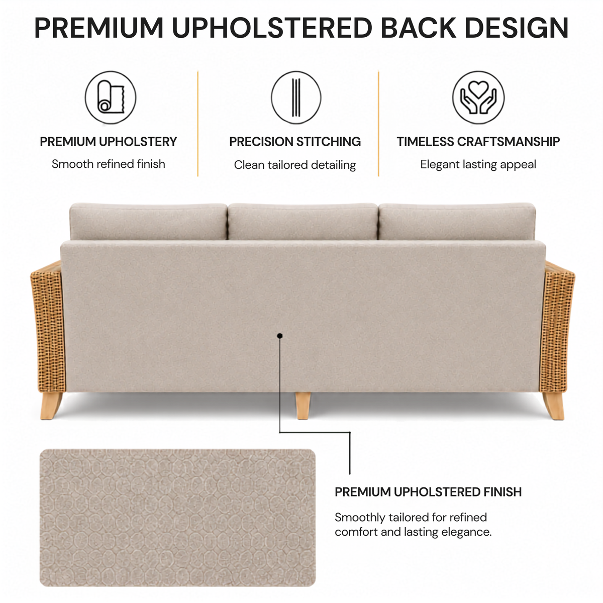 Premium Modern Rattan Sofa with Upholstered Cushions, Woven Side Panels & Solid Wood Legs for Living Room Interiors