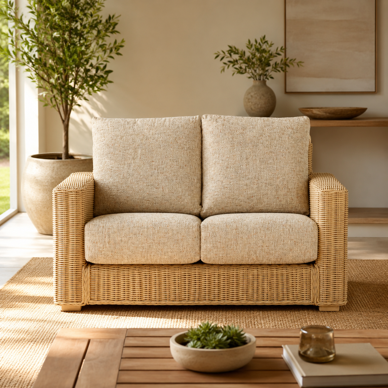 Modern Handcrafted Rattan Wicker Sofa with Premium Cushions, Natural Woven Lounge Couch for Living Room, Balcony & Patio Spaces