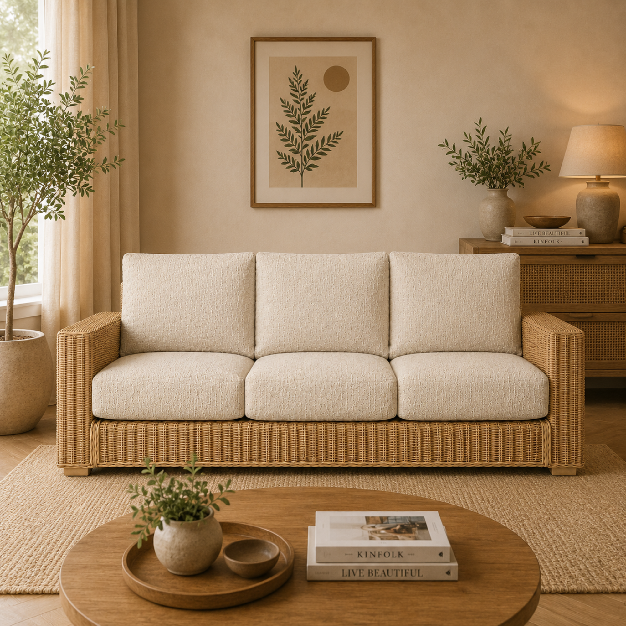 Modern Handcrafted Rattan Wicker Sofa with Premium Cushions, Natural Woven Lounge Couch for Living Room, Balcony & Patio Spaces