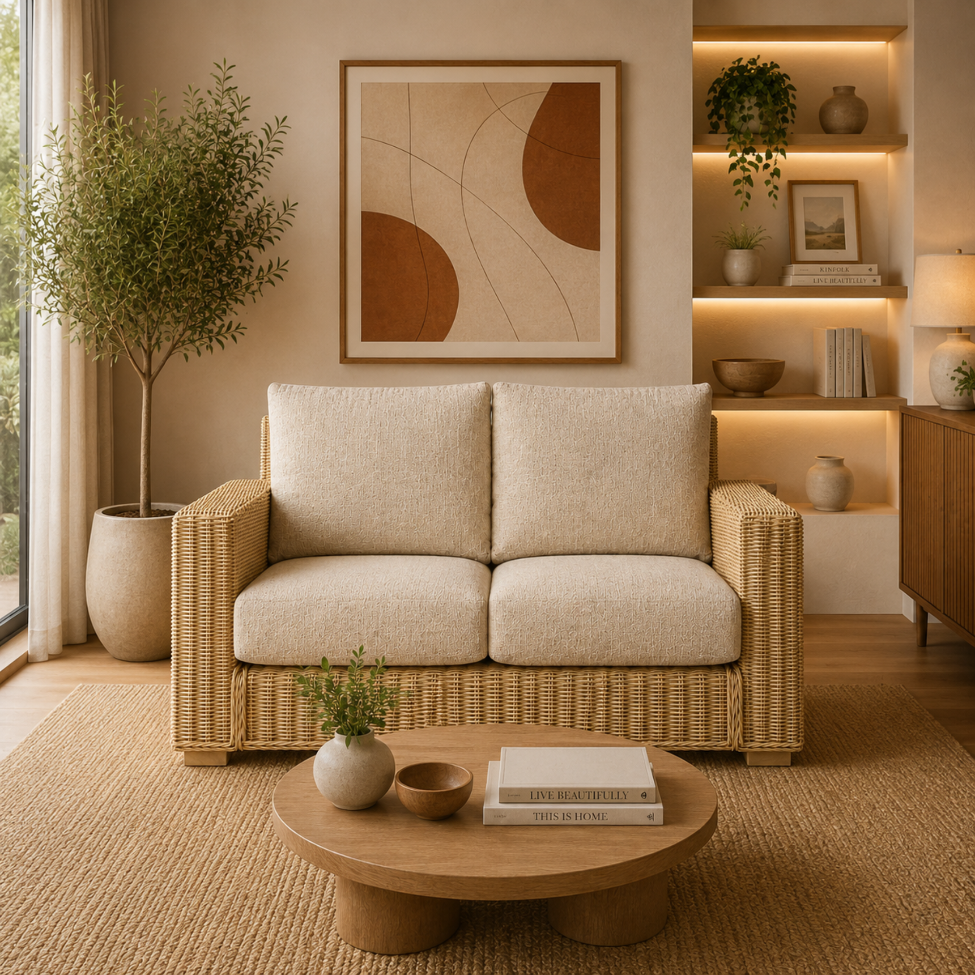Modern Handcrafted Rattan Wicker Sofa with Premium Cushions, Natural Woven Lounge Couch for Living Room, Balcony & Patio Spaces
