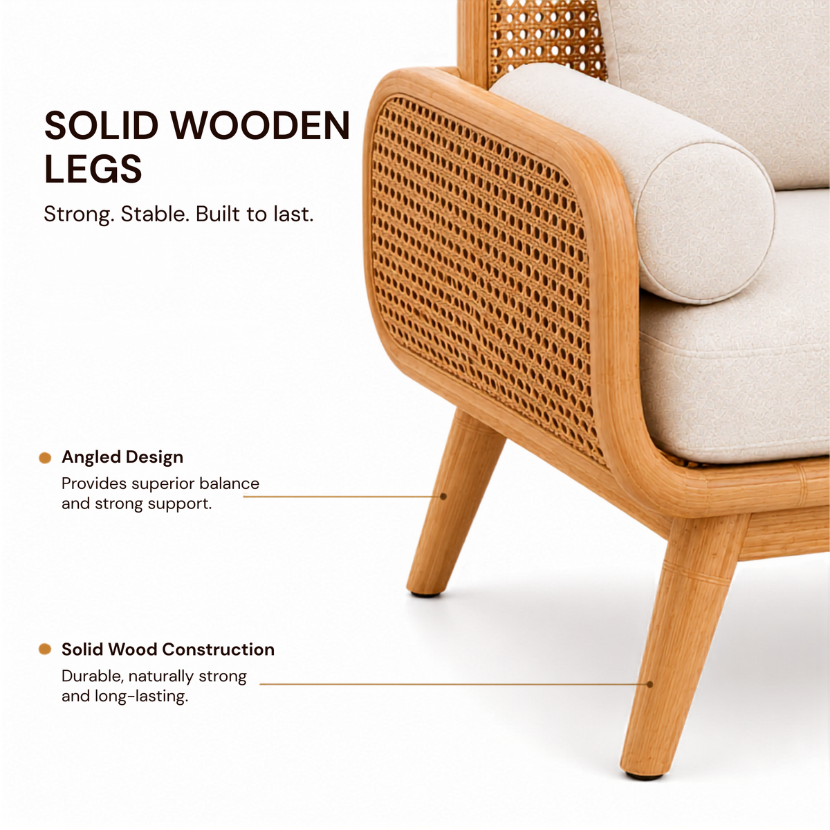 Modern Cane Wooden Sofa with Upholstered Cushion Seating, Handwoven Rattan Backrest & Premium Solid Wood Frame