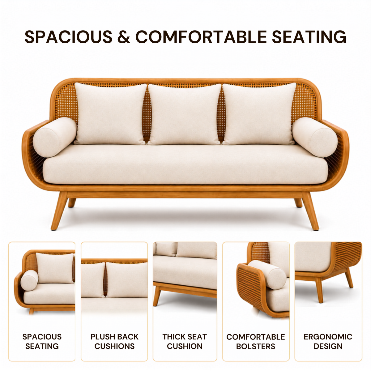 Modern Cane Wooden Sofa with Upholstered Cushion Seating, Handwoven Rattan Backrest & Premium Solid Wood Frame