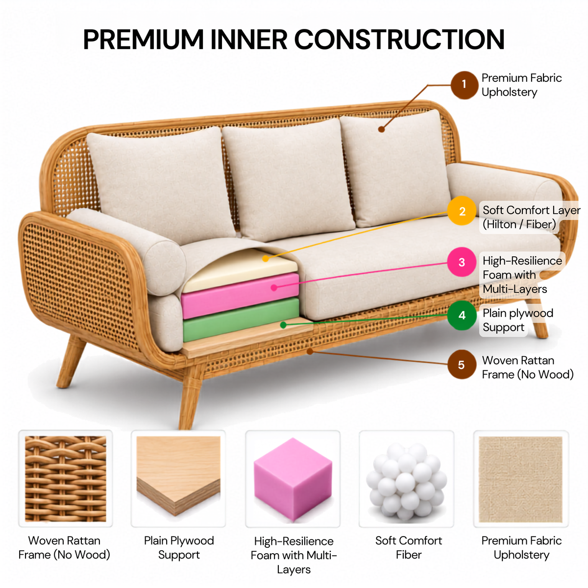 Modern Cane Wooden Sofa with Upholstered Cushion Seating, Handwoven Rattan Backrest & Premium Solid Wood Frame