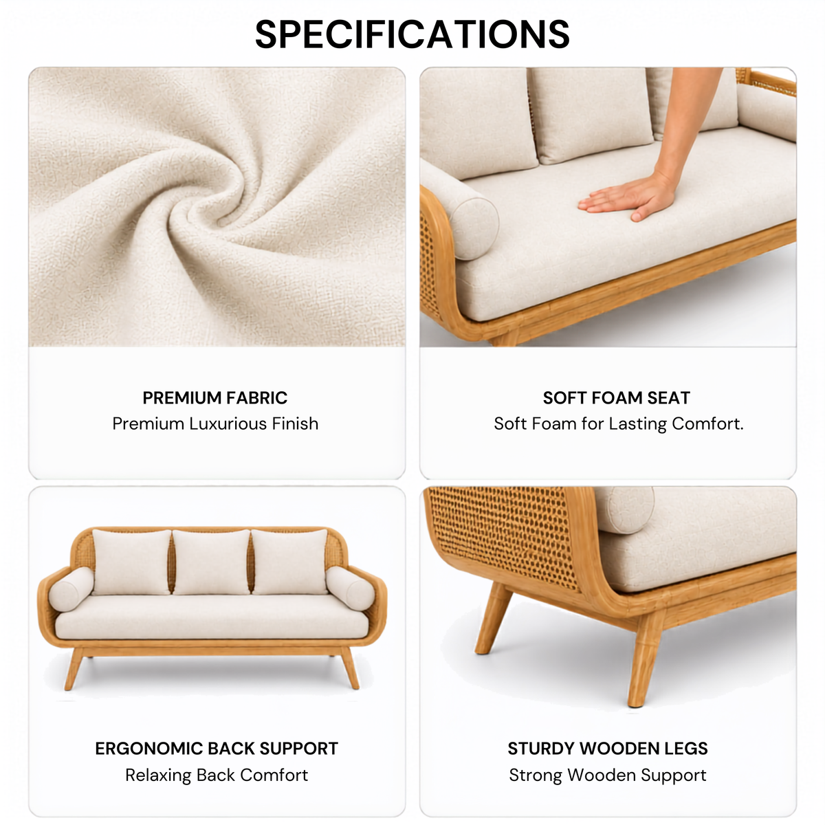 Modern Cane Wooden Sofa with Upholstered Cushion Seating, Handwoven Rattan Backrest & Premium Solid Wood Frame