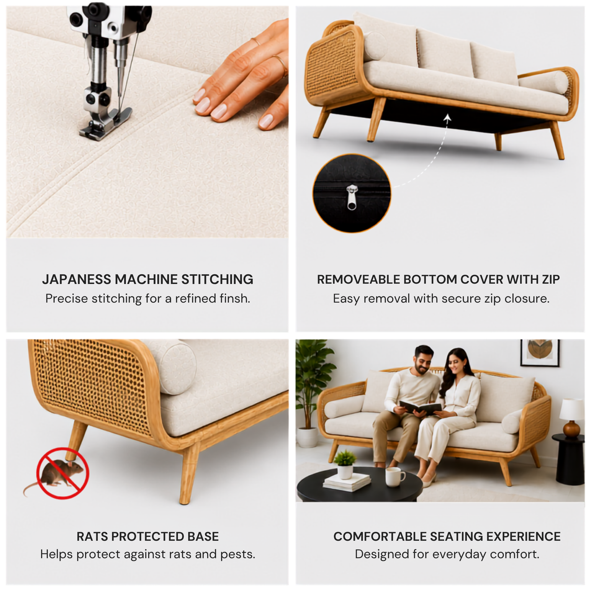 Modern Cane Wooden Sofa with Upholstered Cushion Seating, Handwoven Rattan Backrest & Premium Solid Wood Frame