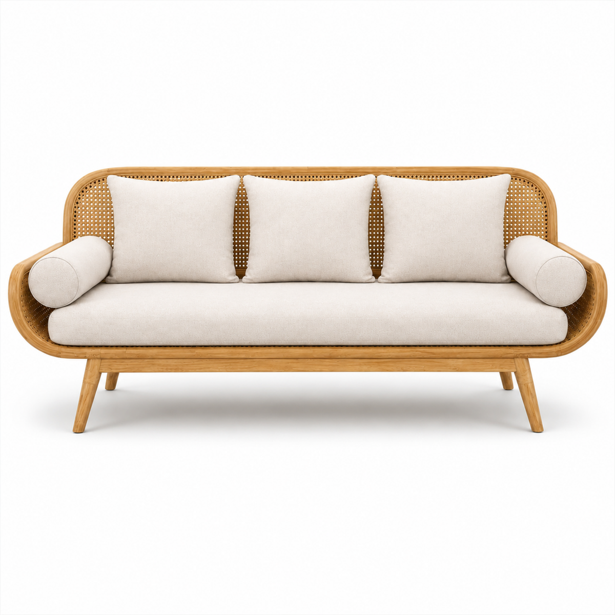 Modern Cane Wooden Sofa with Upholstered Cushion Seating, Handwoven Rattan Backrest & Premium Solid Wood Frame