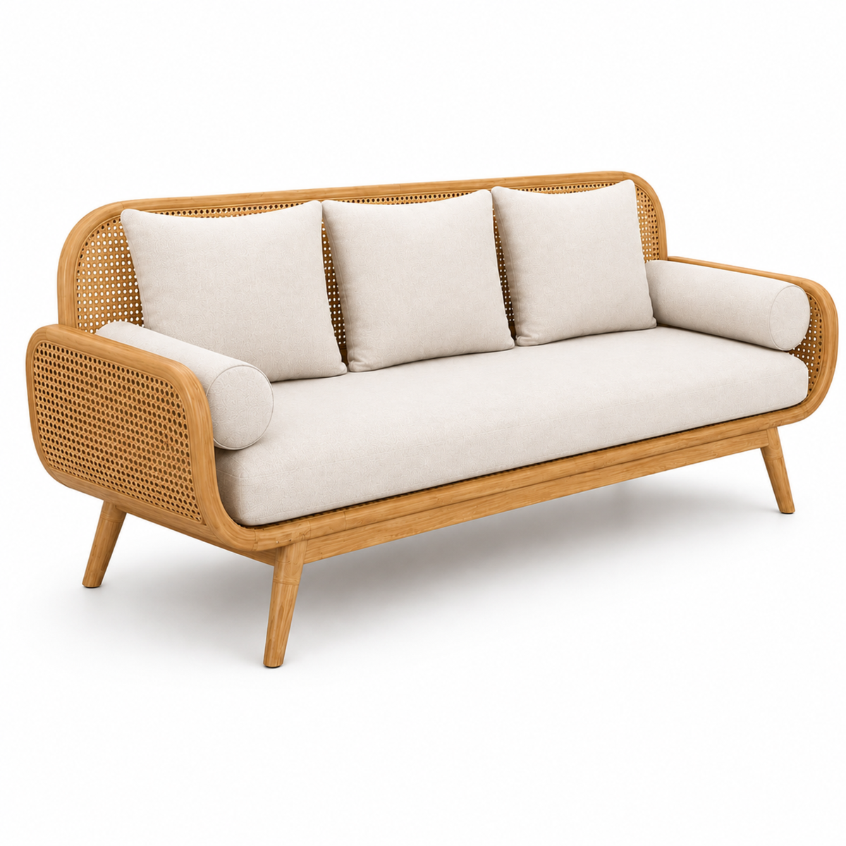 Modern Cane Wooden Sofa with Upholstered Cushion Seating, Handwoven Rattan Backrest & Premium Solid Wood Frame