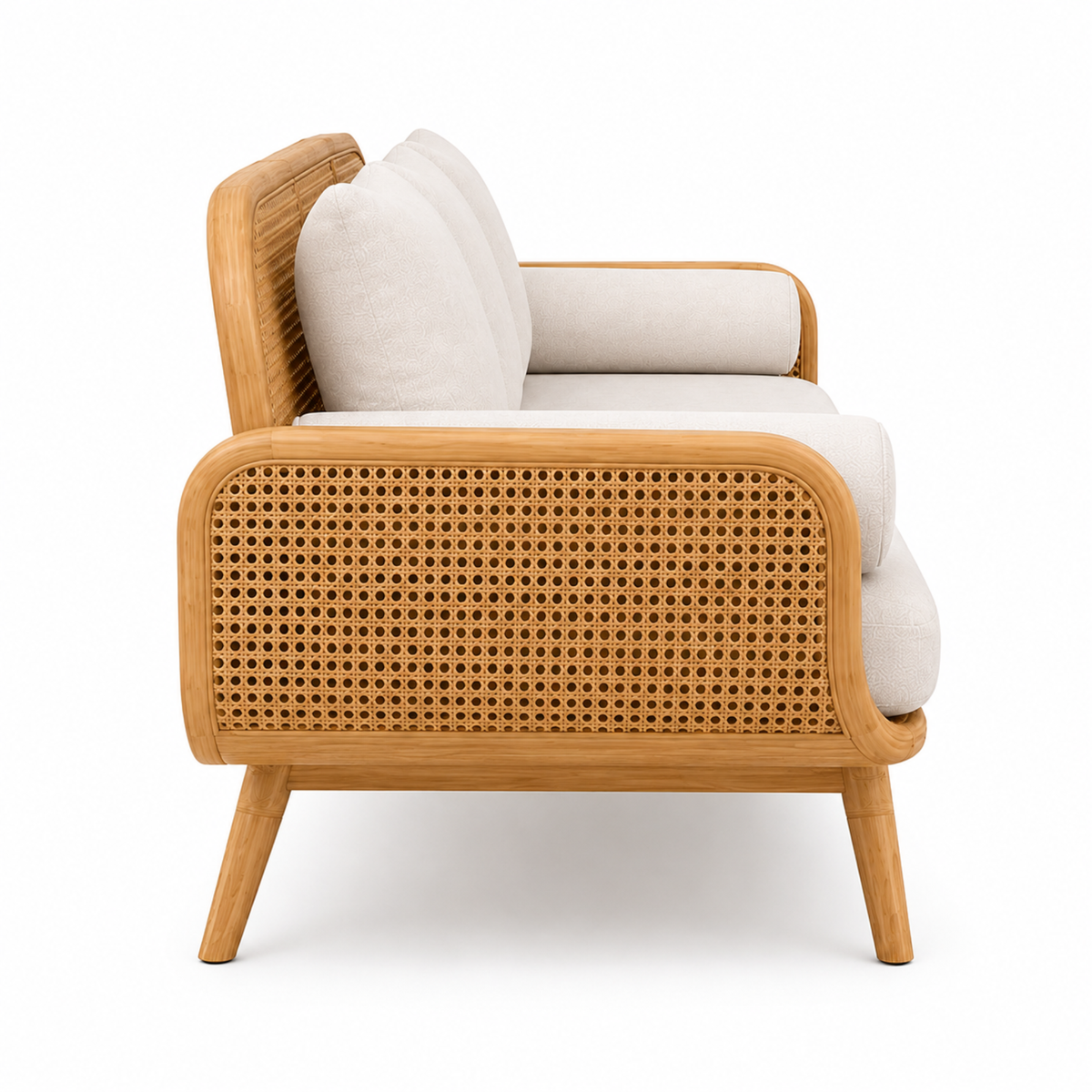 Modern Cane Wooden Sofa with Upholstered Cushion Seating, Handwoven Rattan Backrest & Premium Solid Wood Frame