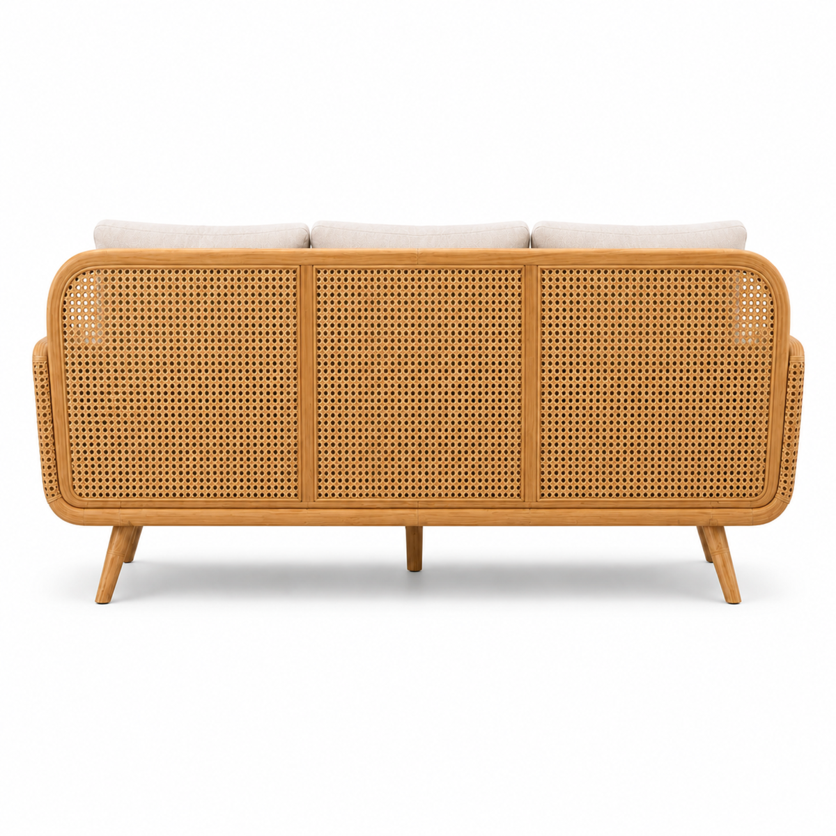 Modern Cane Wooden Sofa with Upholstered Cushion Seating, Handwoven Rattan Backrest & Premium Solid Wood Frame
