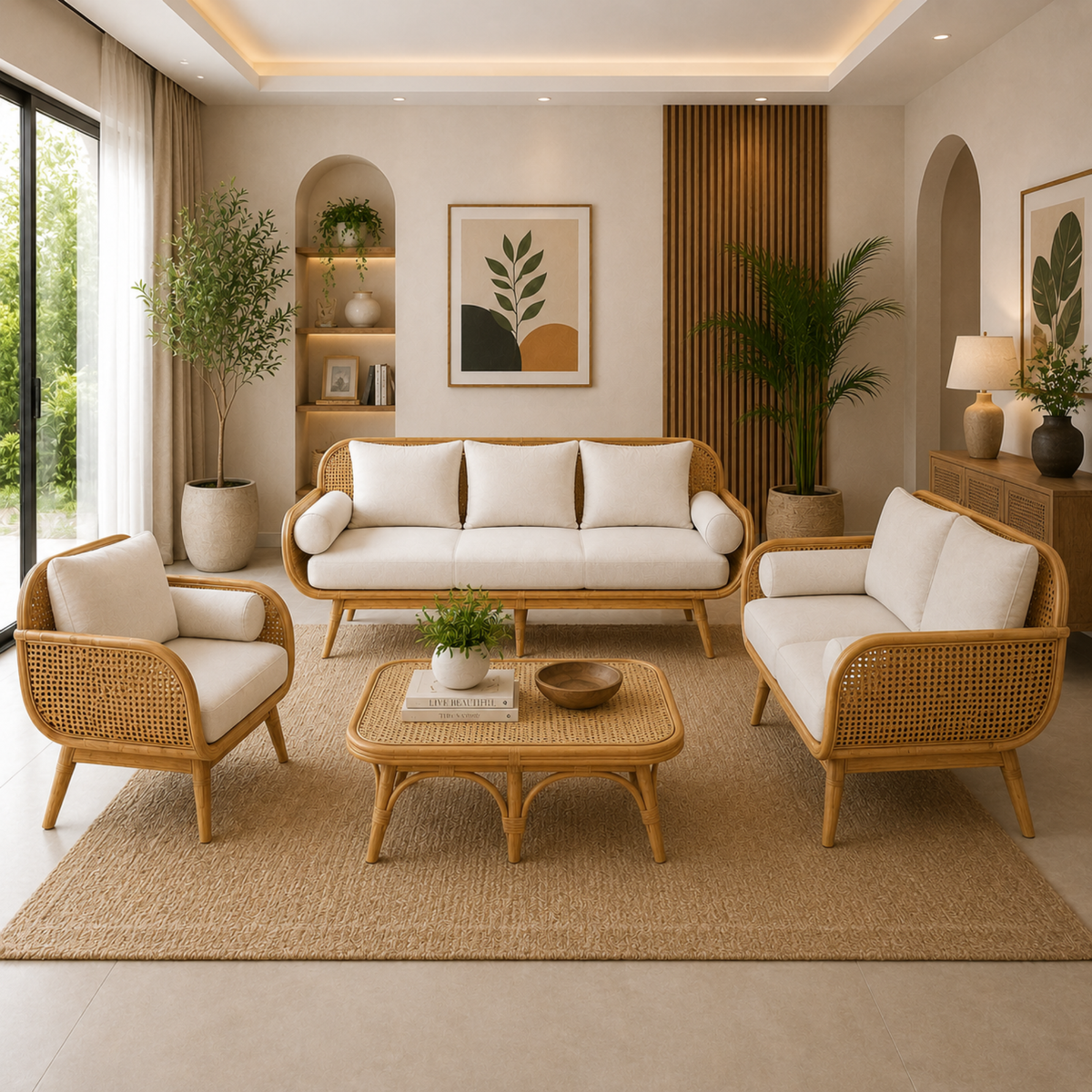 Modern Cane Wooden Sofa with Upholstered Cushion Seating, Handwoven Rattan Backrest & Premium Solid Wood Frame