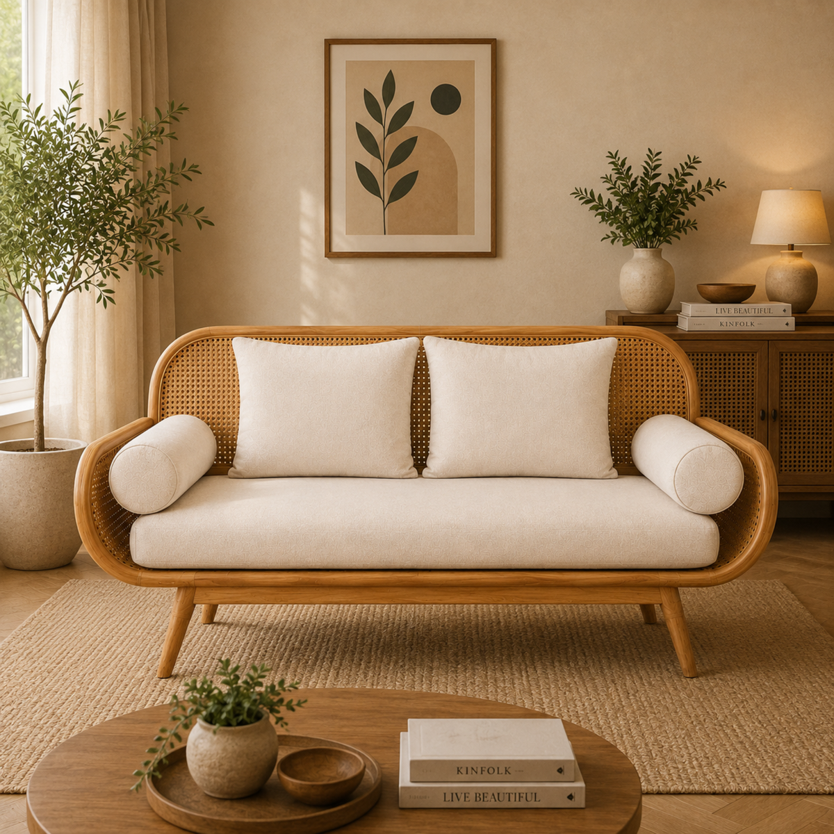 Modern Cane Wooden Sofa with Upholstered Cushion Seating, Handwoven Rattan Backrest & Premium Solid Wood Frame