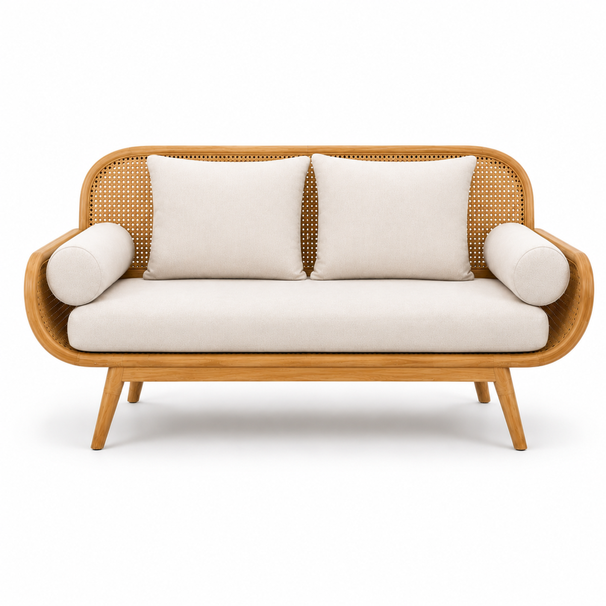Modern Cane Wooden Sofa with Upholstered Cushion Seating, Handwoven Rattan Backrest & Premium Solid Wood Frame