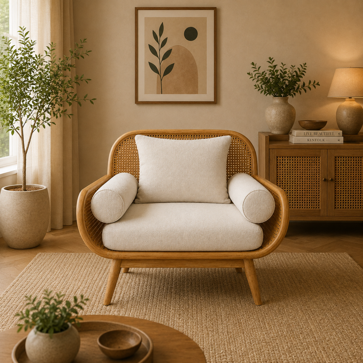 Modern Cane Wooden Sofa with Upholstered Cushion Seating, Handwoven Rattan Backrest & Premium Solid Wood Frame