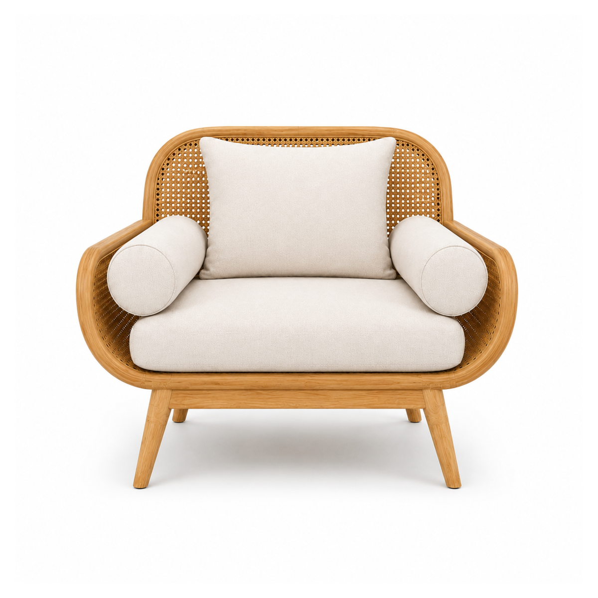 Modern Cane Wooden Sofa with Upholstered Cushion Seating, Handwoven Rattan Backrest & Premium Solid Wood Frame