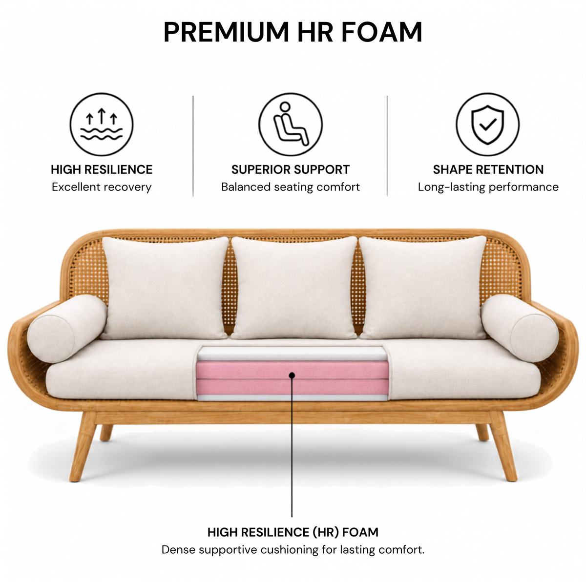 Modern Cane Wooden Sofa with Upholstered Cushion Seating, Handwoven Rattan Backrest & Premium Solid Wood Frame