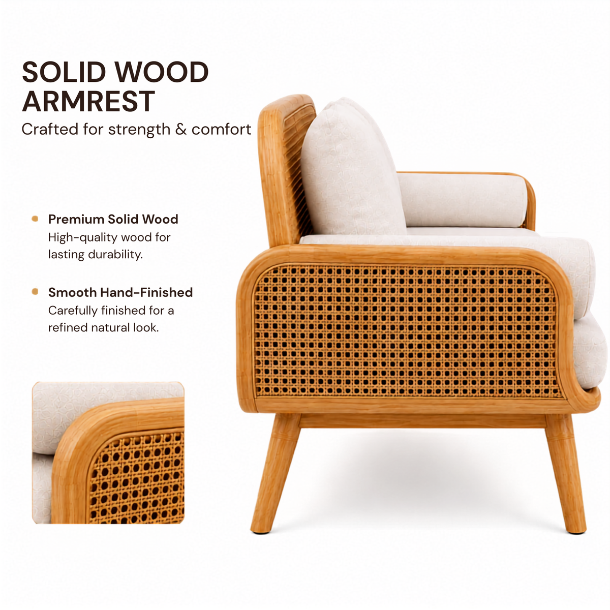 Modern Cane Wooden Sofa with Upholstered Cushion Seating, Handwoven Rattan Backrest & Premium Solid Wood Frame