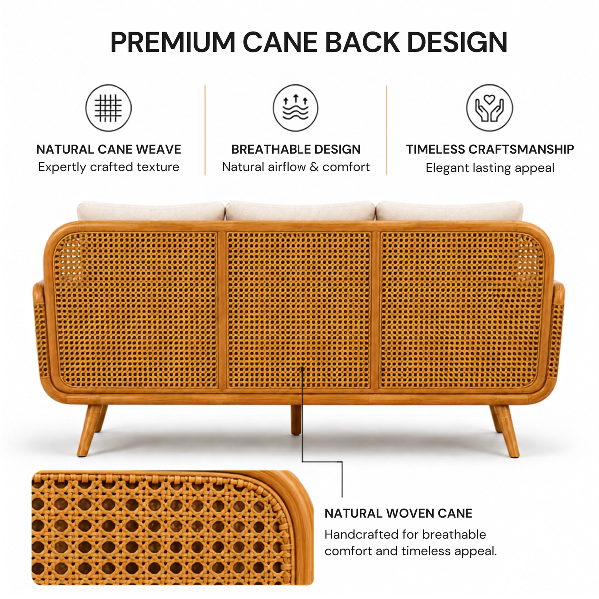 Modern Cane Wooden Sofa with Upholstered Cushion Seating, Handwoven Rattan Backrest & Premium Solid Wood Frame
