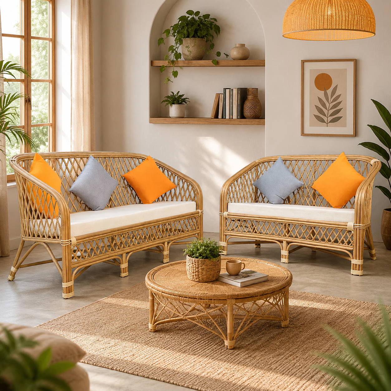 Handcrafted Natural Rattan Cane Sofa with Woven Frame, Cushioned Seating & Premium Indoor Outdoor Lounge Furniture