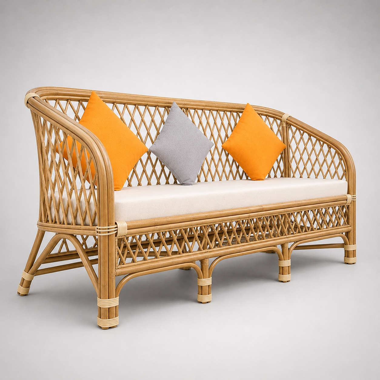Handcrafted Natural Rattan Cane Sofa with Woven Frame, Cushioned Seating & Premium Indoor Outdoor Lounge Furniture
