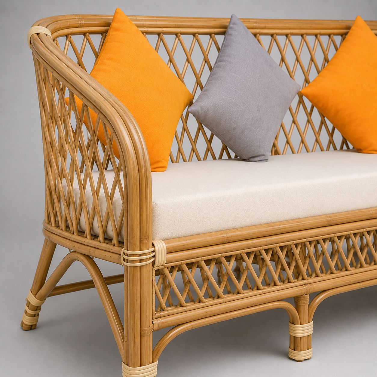 Handcrafted Natural Rattan Cane Sofa with Woven Frame, Cushioned Seating & Premium Indoor Outdoor Lounge Furniture
