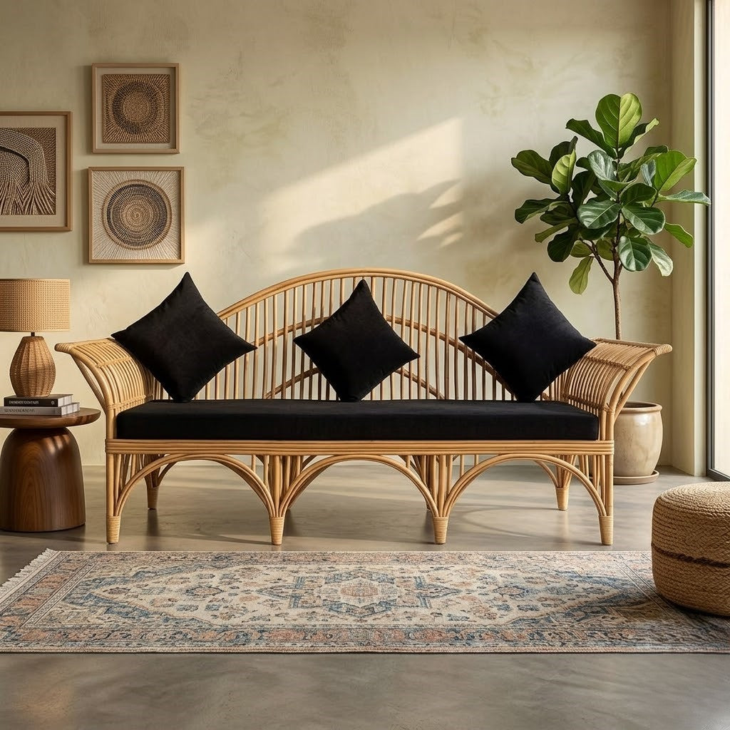 Handcrafted Natural Rattan Sofa with Woven Cane Frame and Upholstered Cushion for Living Room, Lounge & Hospitality Spaces