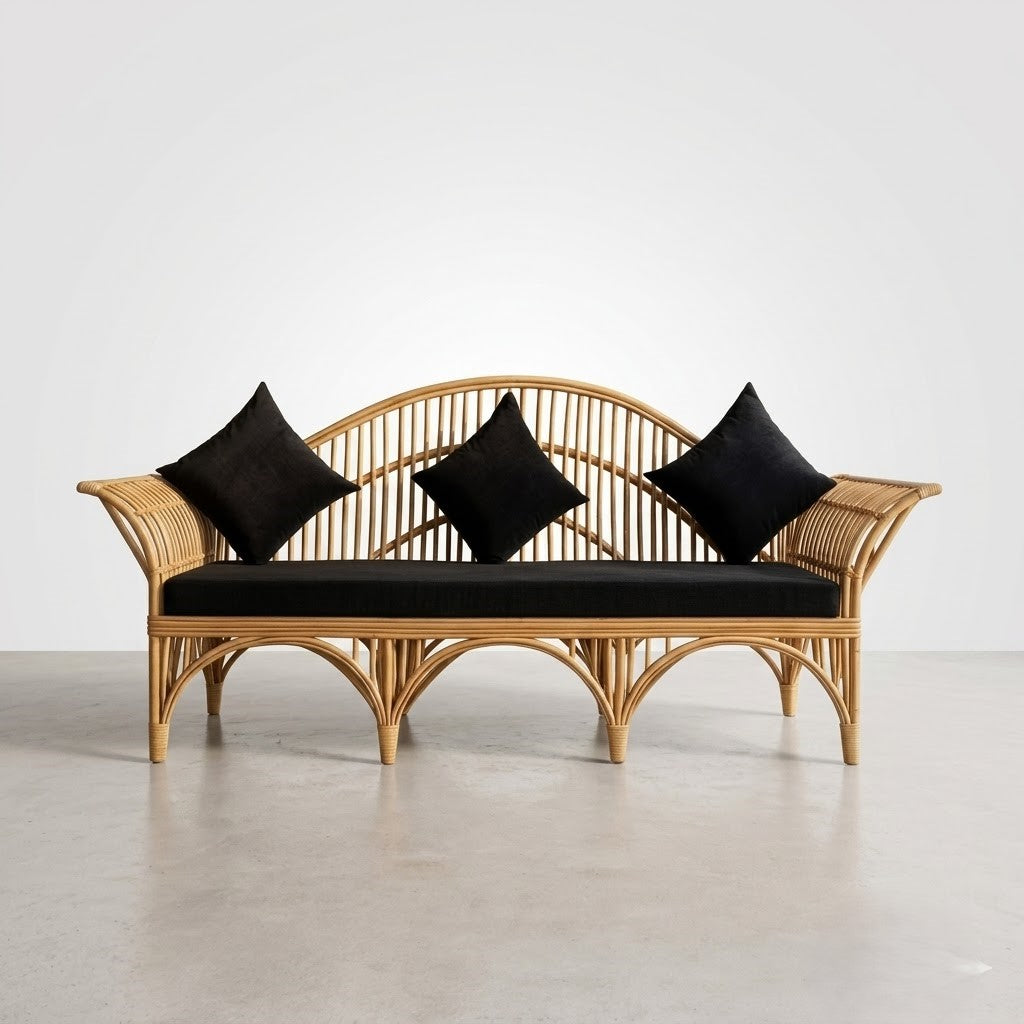 Handcrafted Natural Rattan Sofa with Woven Cane Frame and Upholstered Cushion for Living Room, Lounge & Hospitality Spaces