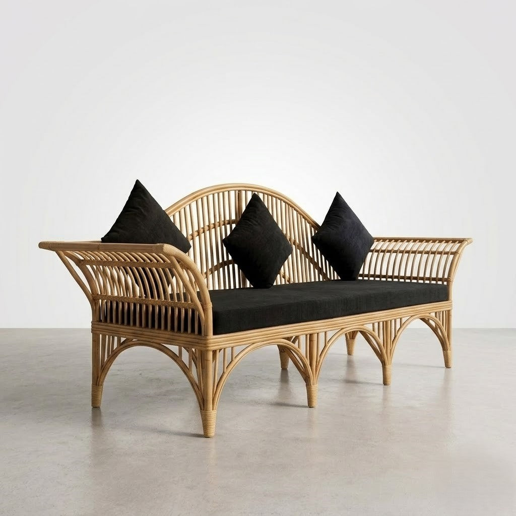 Handcrafted Natural Rattan Sofa with Woven Cane Frame and Upholstered Cushion for Living Room, Lounge & Hospitality Spaces