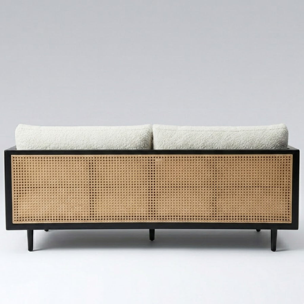 Modern Cane Frame Upholstered Sofa with Premium Boucle Fabric, Wooden Structure & Contemporary Luxury Lounge Design