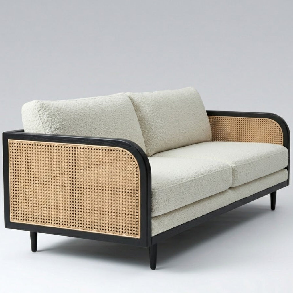 Modern Cane Frame Upholstered Sofa with Premium Boucle Fabric, Wooden Structure & Contemporary Luxury Lounge Design