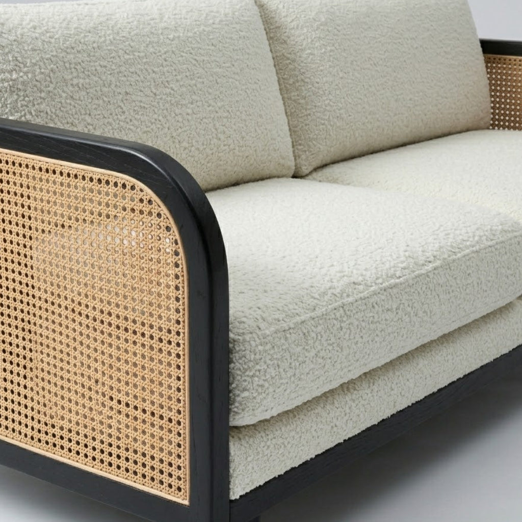 Modern Cane Frame Upholstered Sofa with Premium Boucle Fabric, Wooden Structure & Contemporary Luxury Lounge Design