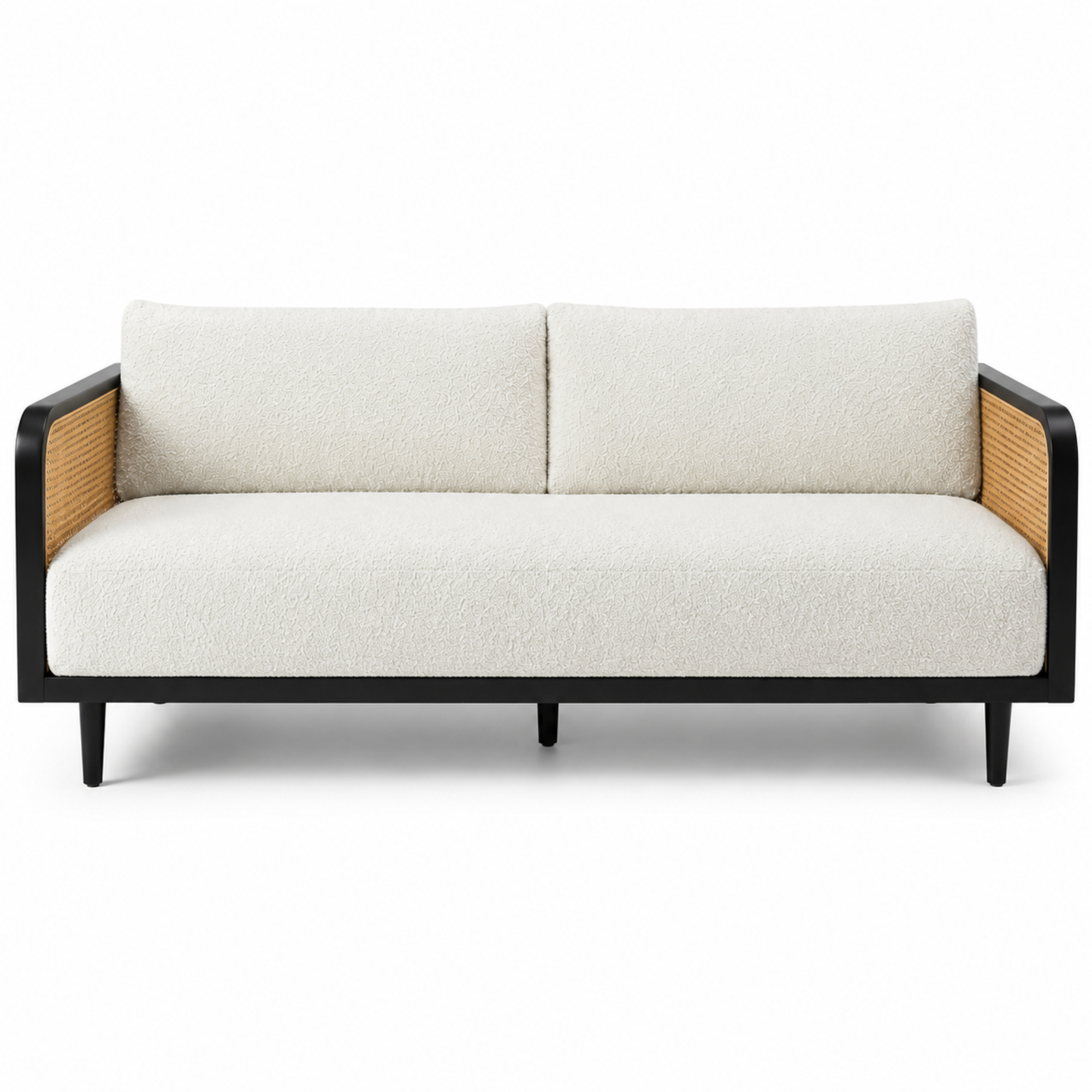 Modern Cane Frame Upholstered Sofa with Premium Boucle Fabric, Wooden Structure & Contemporary Luxury Lounge Design