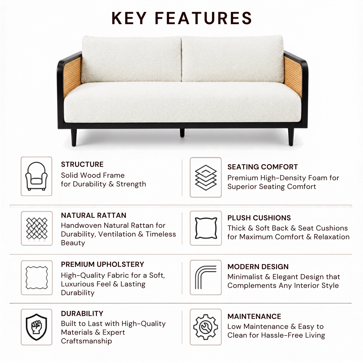 Modern Cane Frame Upholstered Sofa with Premium Boucle Fabric, Wooden Structure & Contemporary Luxury Lounge Design