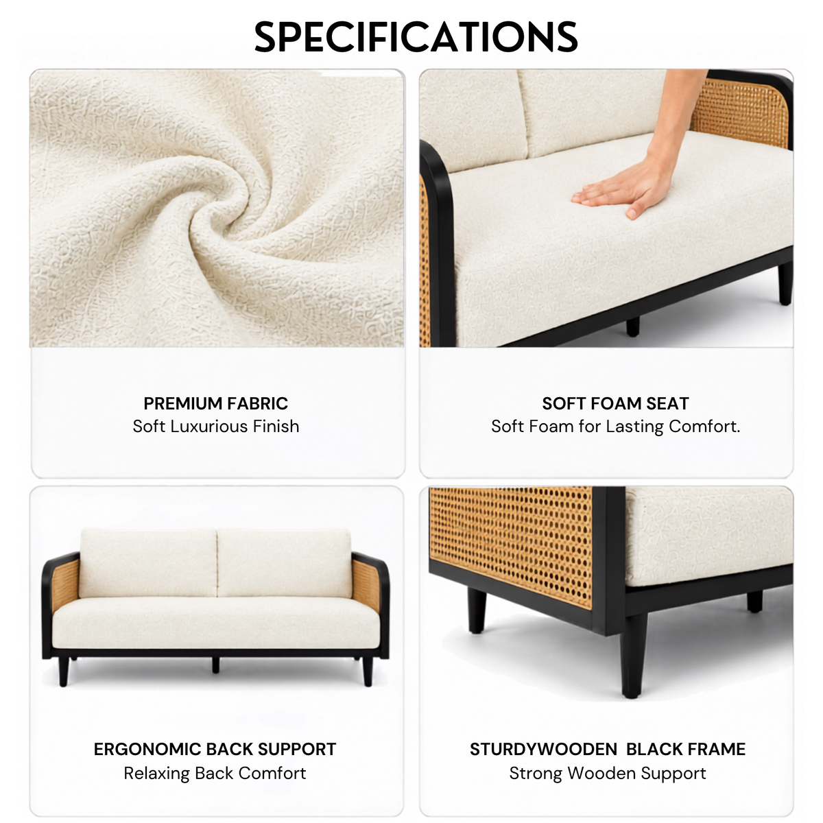 Modern Cane Frame Upholstered Sofa with Premium Boucle Fabric, Wooden Structure & Contemporary Luxury Lounge Design