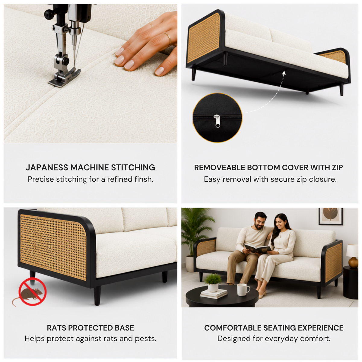 Modern Cane Frame Upholstered Sofa with Premium Boucle Fabric, Wooden Structure & Contemporary Luxury Lounge Design