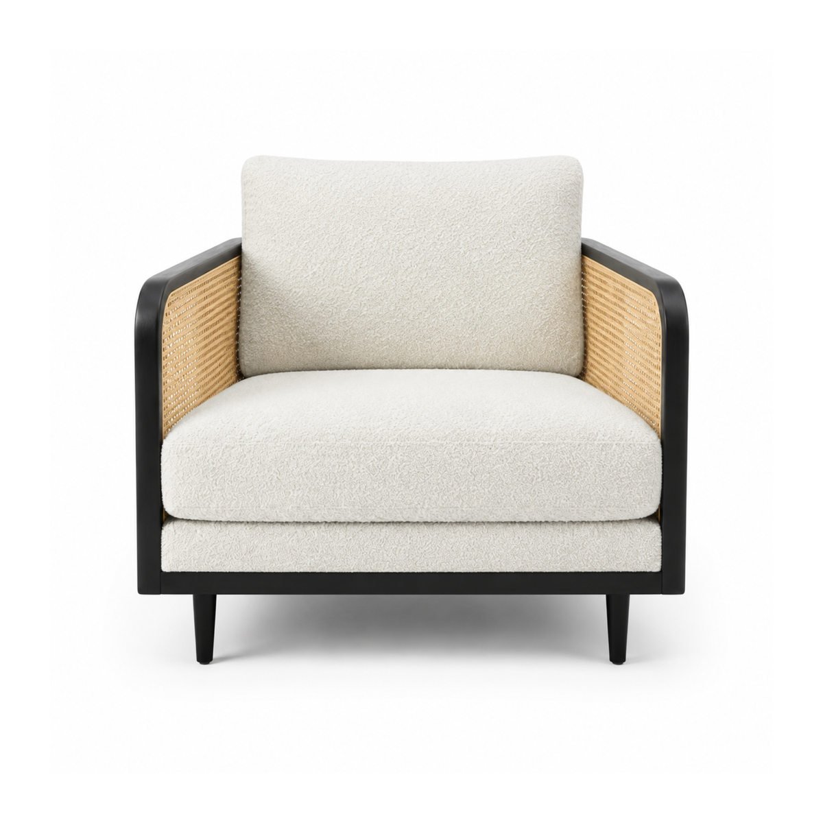 Modern Cane Frame Upholstered Sofa with Premium Boucle Fabric, Wooden Structure & Contemporary Luxury Lounge Design