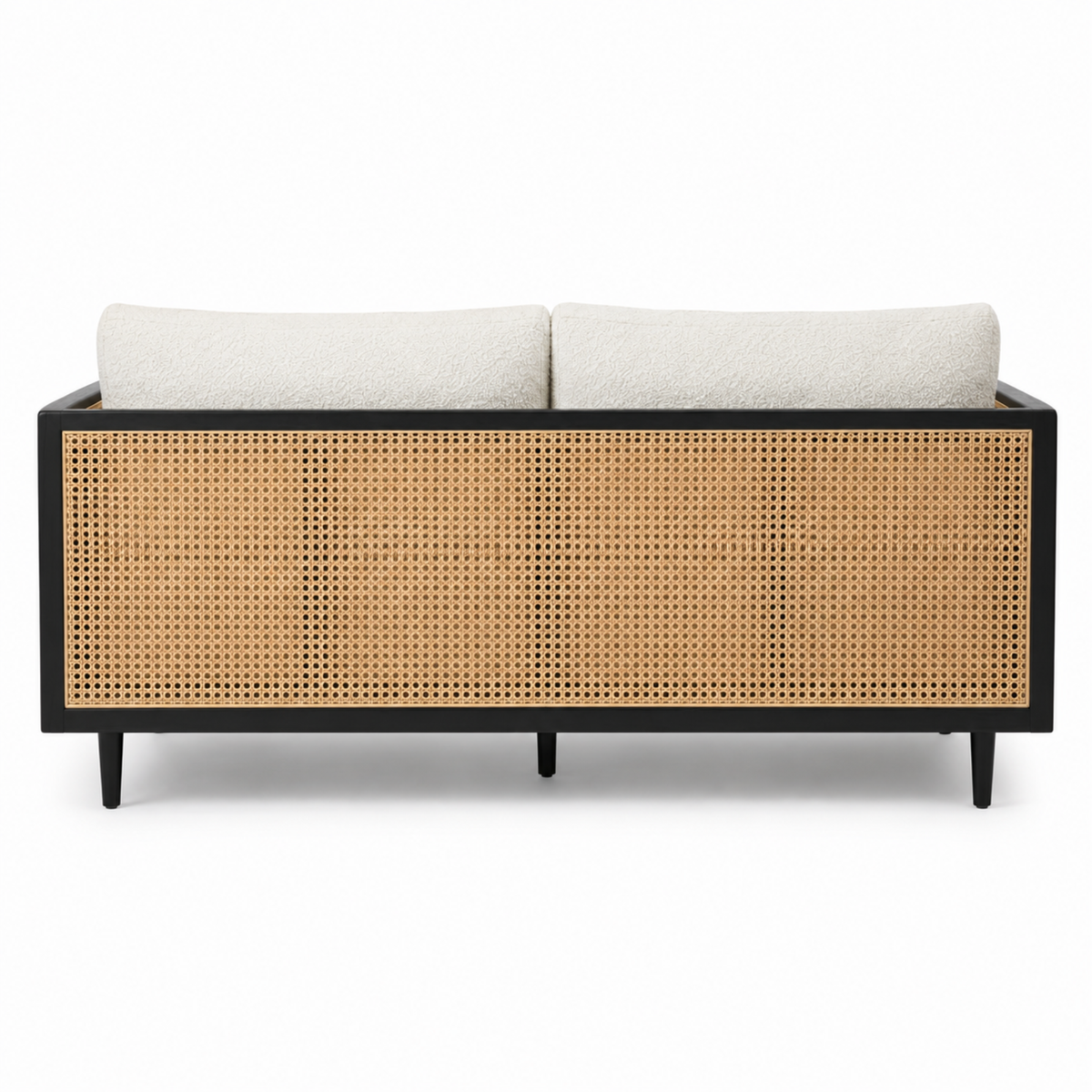 Modern Cane Frame Upholstered Sofa with Premium Boucle Fabric, Wooden Structure & Contemporary Luxury Lounge Design